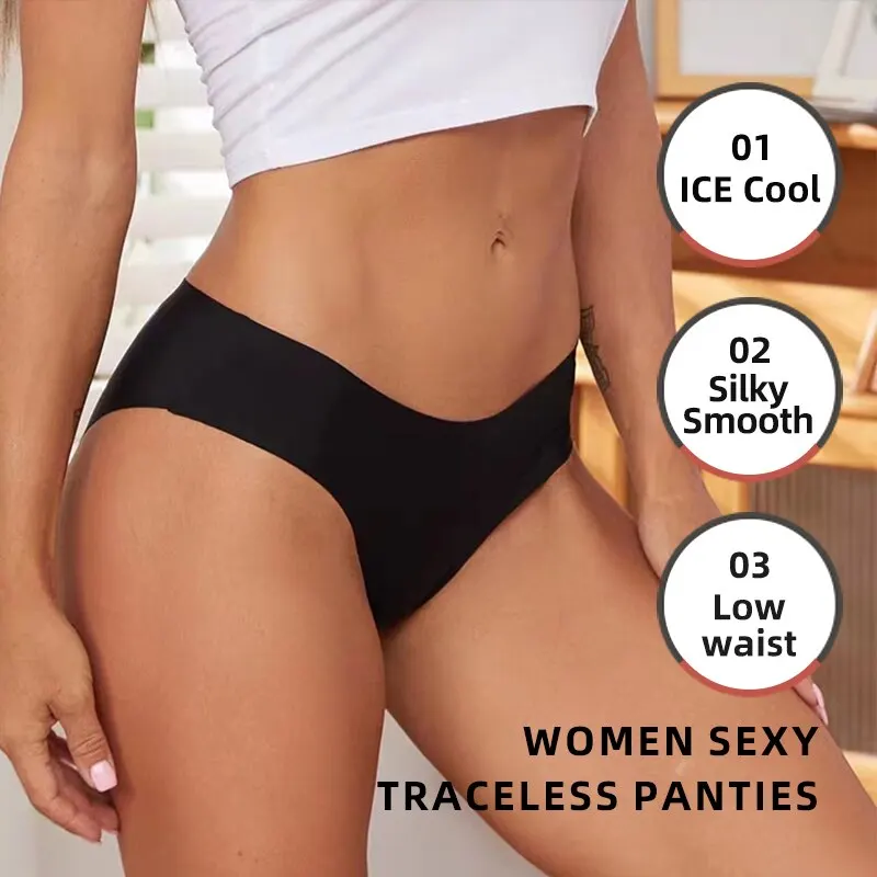 4 Pieces Women Traceless Panties Briefs Underwear Pink Black Red Khaki L XL 2XL Low Waist Ice Silky Smooth Feeling