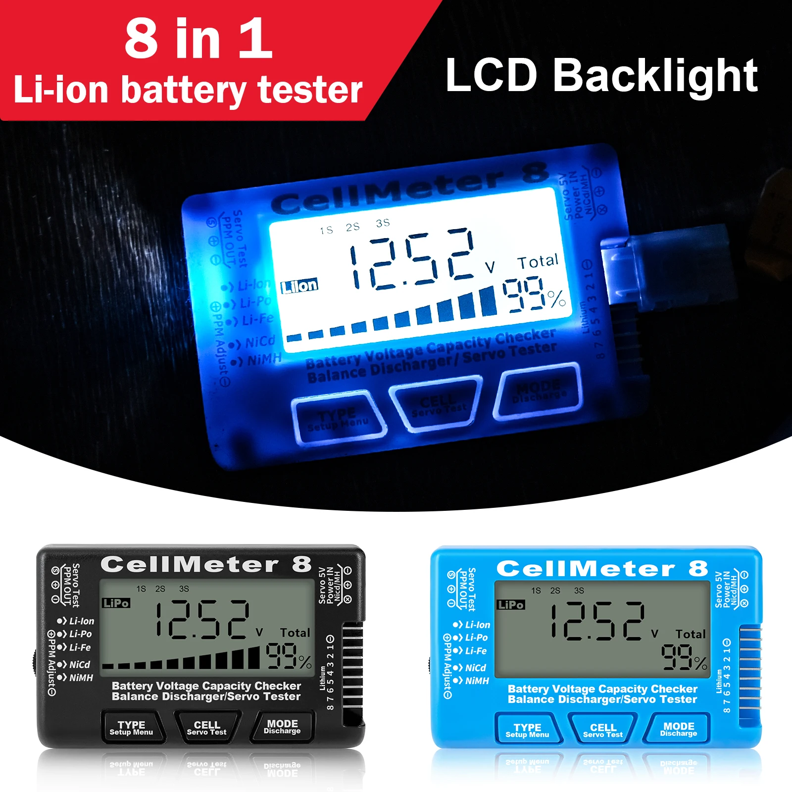 CellMeter 8 Balance Arrester 2-8S 4-8S LiPo Li-lon Steering Gear NiMH RC Battery Tester LCD Digital Battery Capacity Checker