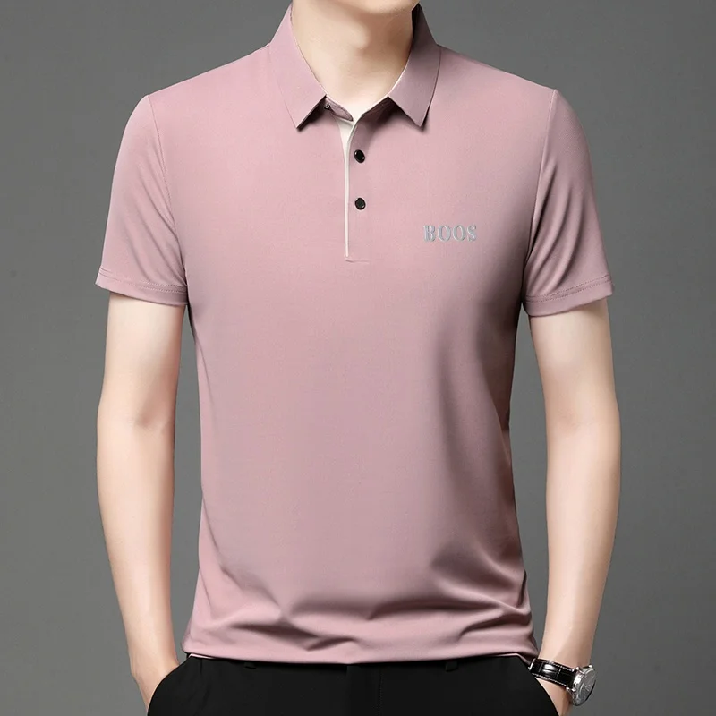 Freizeit-Herren-Kurzarm-Poloshirt mit Revers-Knopfleiste, Einfarbig mit Schriftzug, Bequemes Atmungsaktives Trendiges Herren-T-Shirt – Detail 15