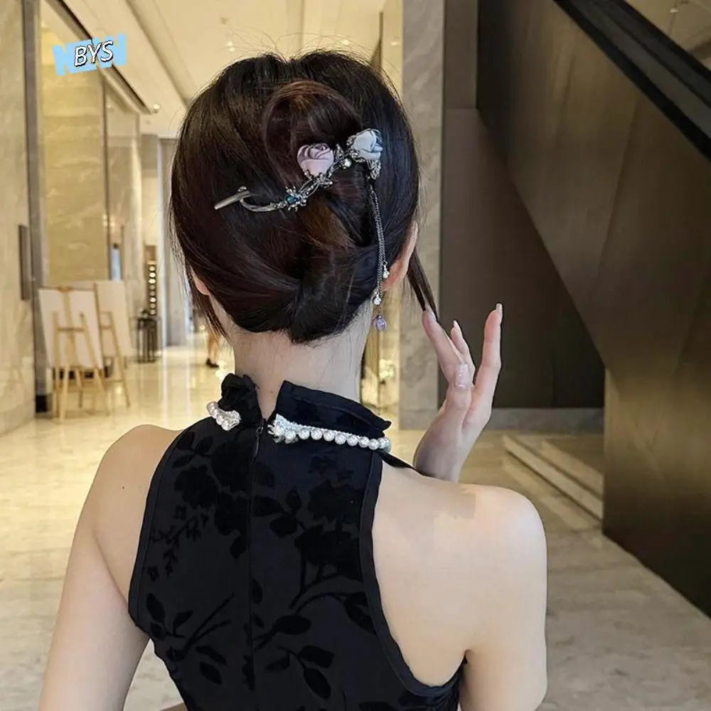 

Cute Black Twist Hair Clip Rhinestone New Chinese Style Rose Flower Hair Clip Hollow Hair Accessories Female