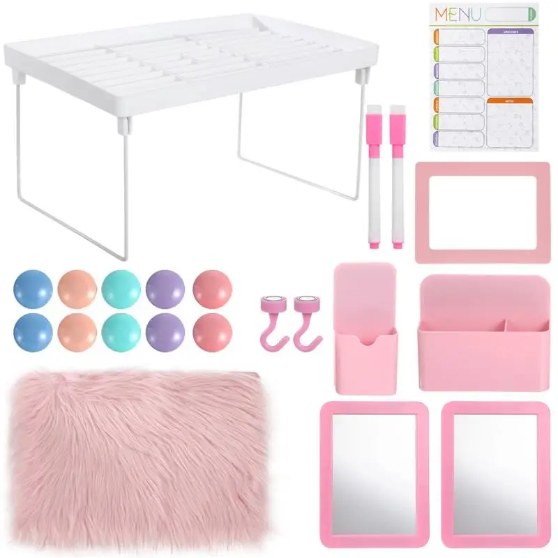 22Pcs Locker Organizer Kit Pink Locker Accessories Locker Organizing Decor Locker Shelf With Fluffy Rug Adsorptive Mirror Box