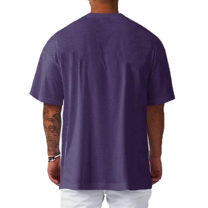 Plain Oversize Loose Short Sleeve T-shirts Gym Fitness Bodybuilding Shirts Mesh Breathable Quick Dry Dropped Shoulders Mens Tops image 3