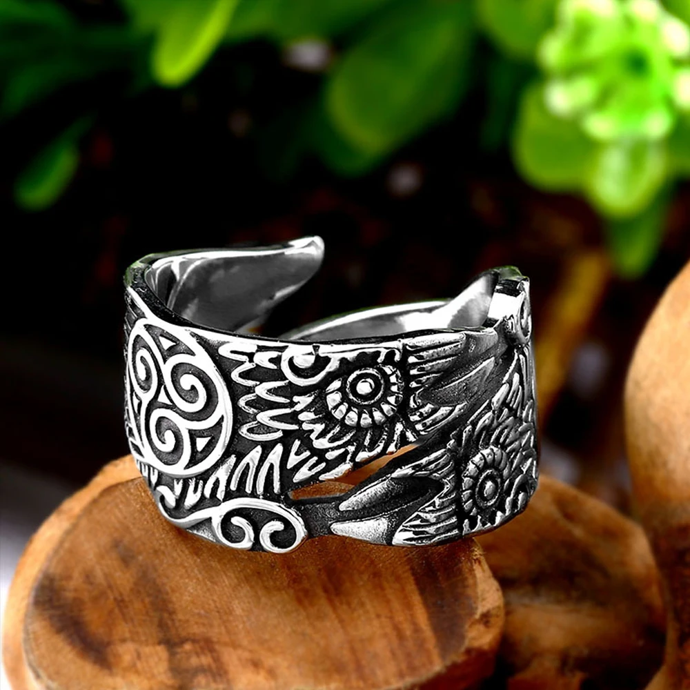 Anillo Vintage vikingo Odin Crow para hombre, anillo abierto nórdico vikingo de acero inoxidable, anillo con nudo Celtics, amuleto de motorista, regalo de joyería de cuervo