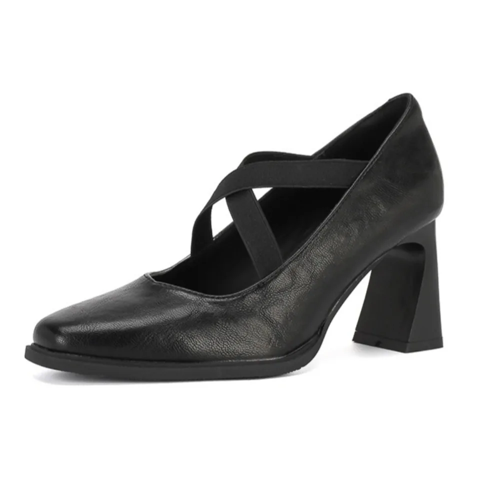 

High Heel Shoes French Retro Square Head Cross Elastic Band Thick Heel Mary Jane Shoes Red Bevel Heel Leather Shoes Women Heels