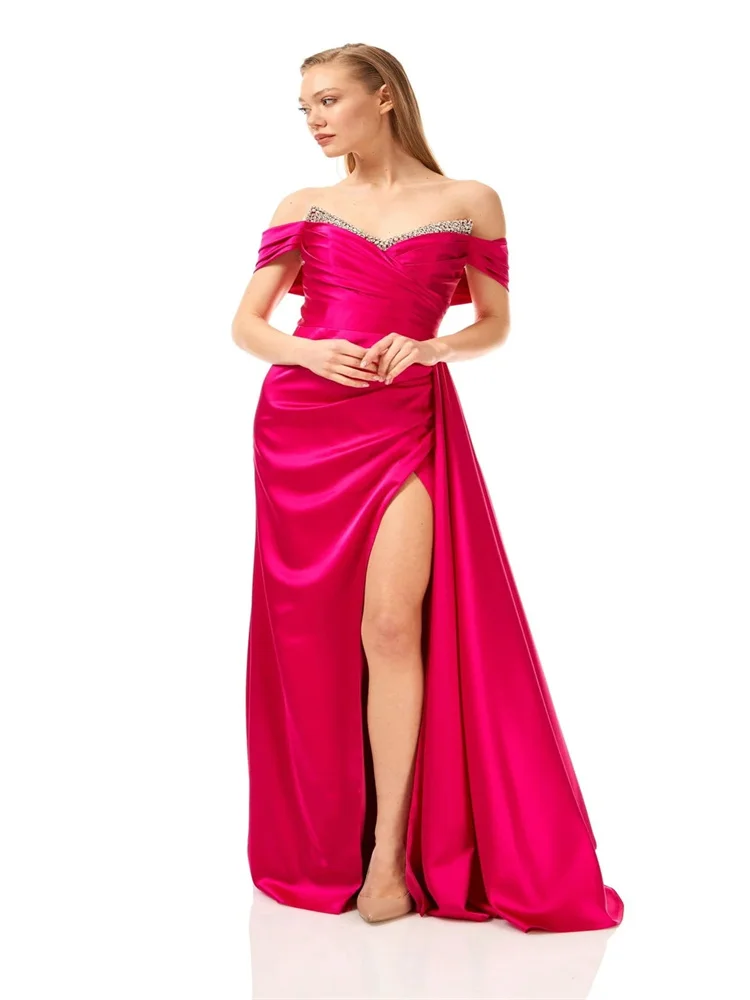 New Product Off-Shoulder Neckline Satin Sleeveless Mermaid Prom Dress Shoulder High Slit Court Train Party Gowns For Women 2024