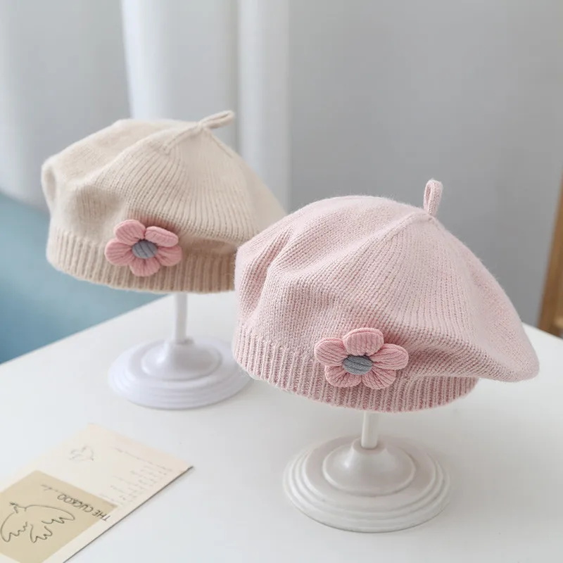 Baby Hat Solid Color Flower Baby Beret Hat Winter Warm Knitted Beanie Cap for Infant Girls Toddler Princess Artist Painter Caps