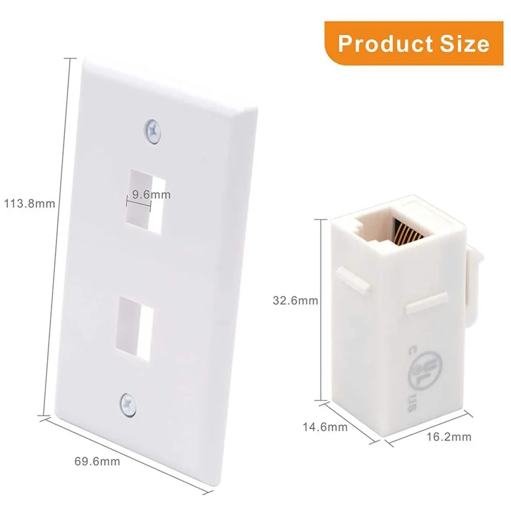 Placa de pared Ethernet de 2 puertos, conector de pared hembra a hembra Cat6, RJ45, acoplador en línea, color blanco, 1 paquete