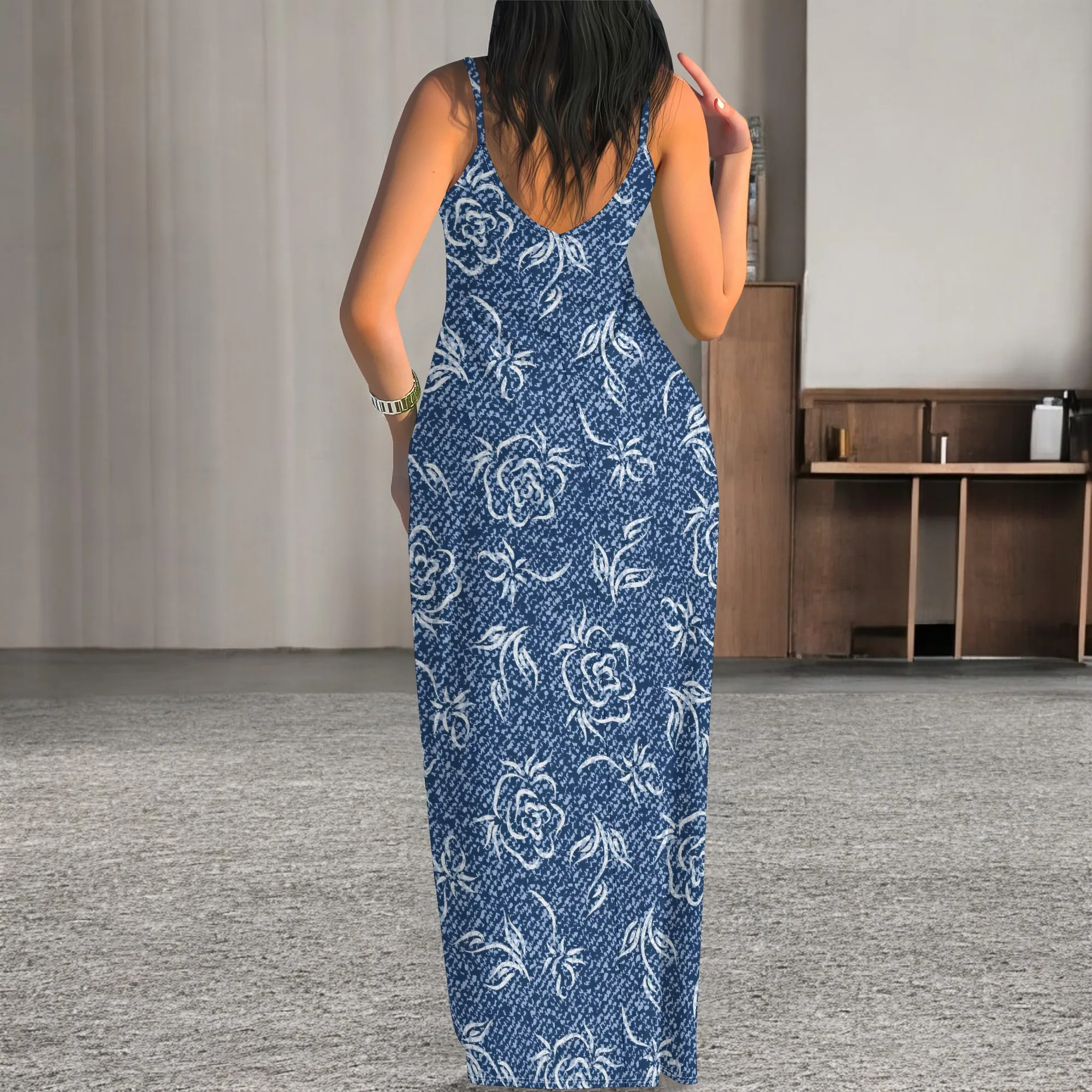 Nupusa Vestido con Estampado Floral para Mujer Verano Casual Correa de Espagueti Denim - Look Maxi Vestido