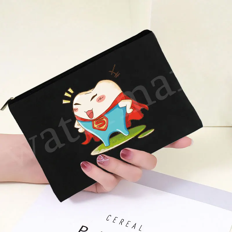 Fashion Makeup Storage Bag Woman Canvas Cosmetic Bag Cartoon Teeth Pattern Printed Belt Zipper Beige Coin Purse Pencil Case