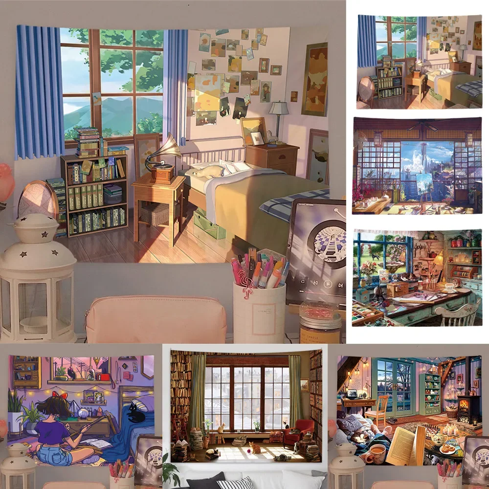 

Europe Retro Healing Style Print Window Outside Landscape Tapestry Study Room Bookshelf Background cloth Daily Life BedsideDecor