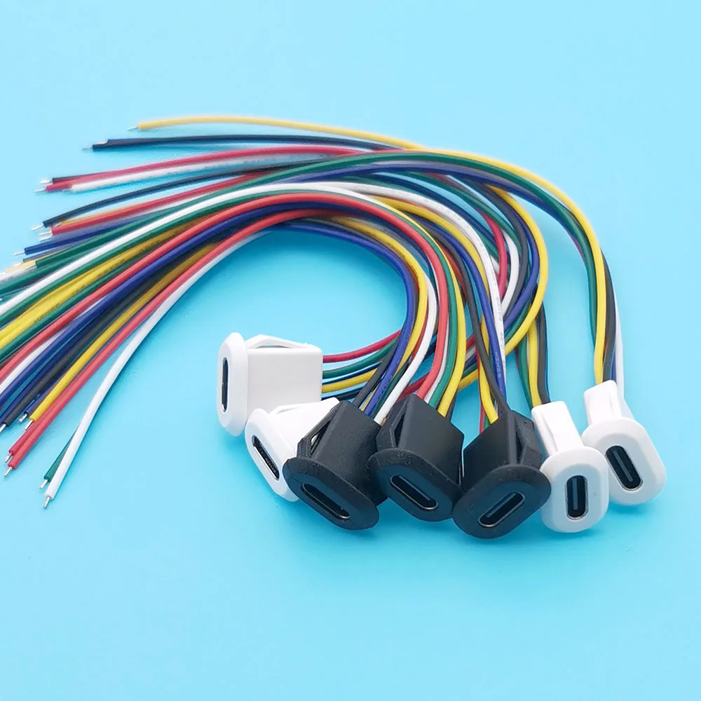 5pcs USB Type C 6Pin Direct Pressure Buckle Type Charging Port Connector Jack Female Socket with Cable Double 5.1K Resistance
