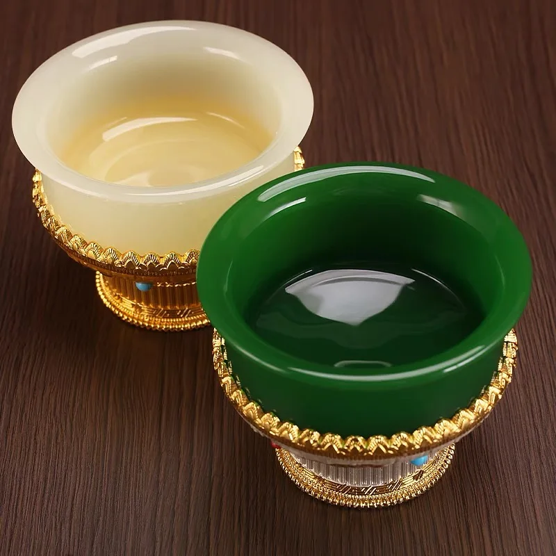 Golden Buddhist Tall Bowl Alloy, Tantric Holy Water Cup, Engraved Inlaid Gem Stone Bowl, Tibetan Desktop Decorative , 11.5 cm