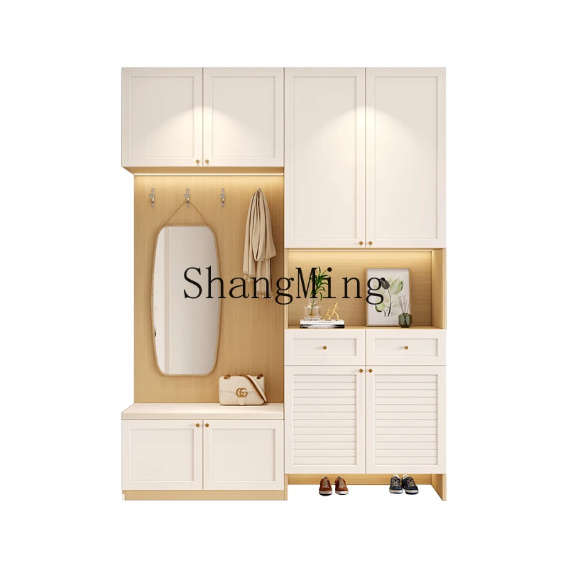 

LXY household modern simple log cream wind home shoe cabinet seat integrated against the wall