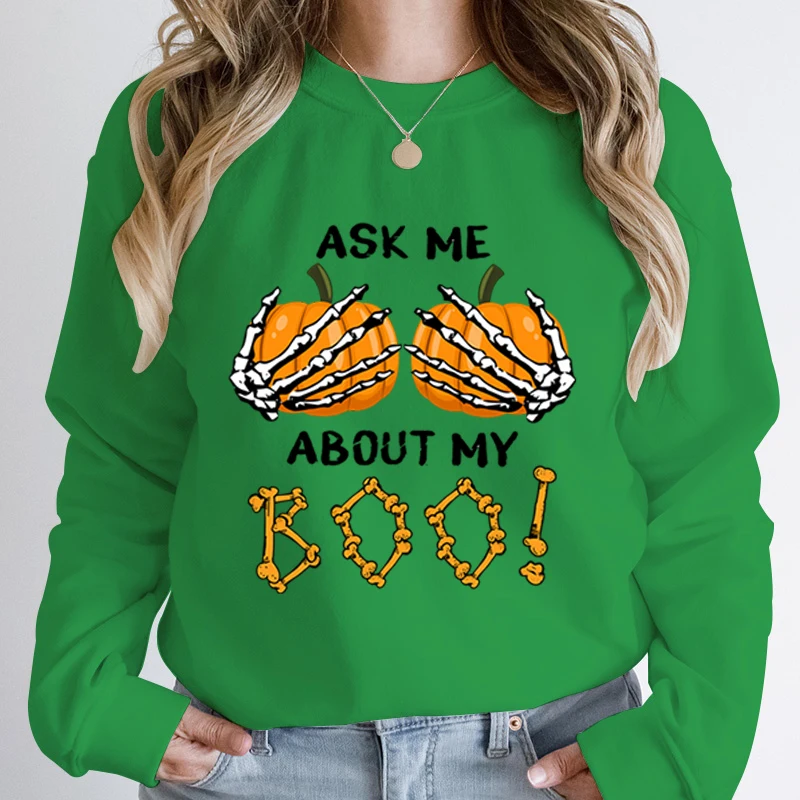 Nieuwe Halloween-Pompoen Vraagt Me Naar Mijn Boo-Print Pullover Met Ronde Hals Nieuwe Mode Dames Lange Mouw Hoodless Pullovers Casual Tops