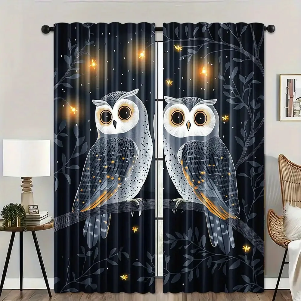 Cute Owl Pair Nursery Curtains Black Background Starry Night Window Drapes for Kids Room Decor