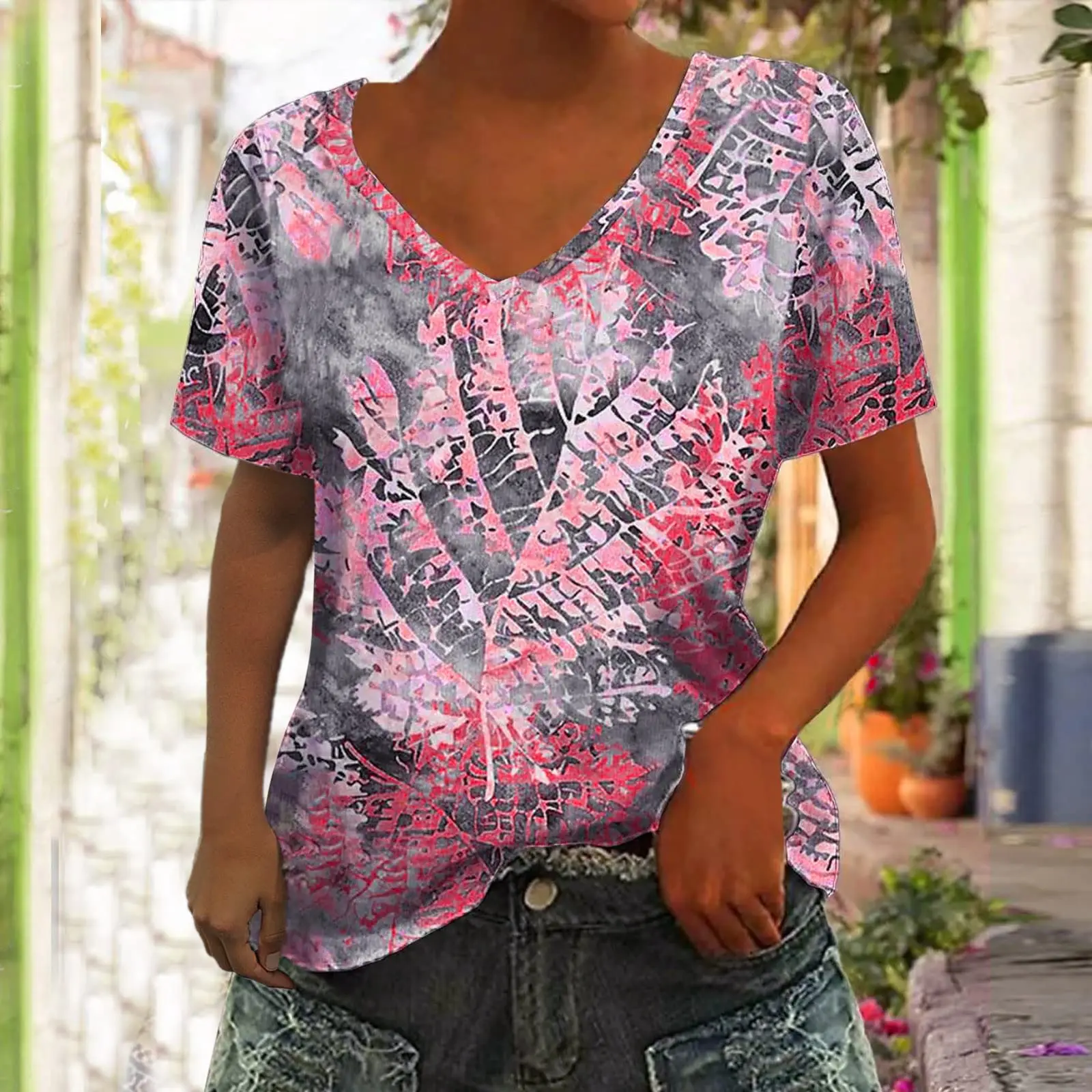 

Summer New Women's T-shirt 3D Leaf Printing V-neck Short Sleeve Shirt Fashion Women's T-shirt Clothing Y2k Women's T-shirt