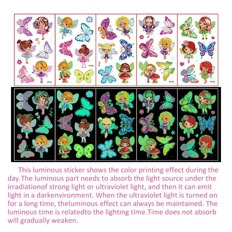 30pcs Children\'s Luminous Tattoo Stickers Kids Glow Body Paster Unicorn Butterfly Animal Dinosaur Mermaid Cartoon Stickers Gift