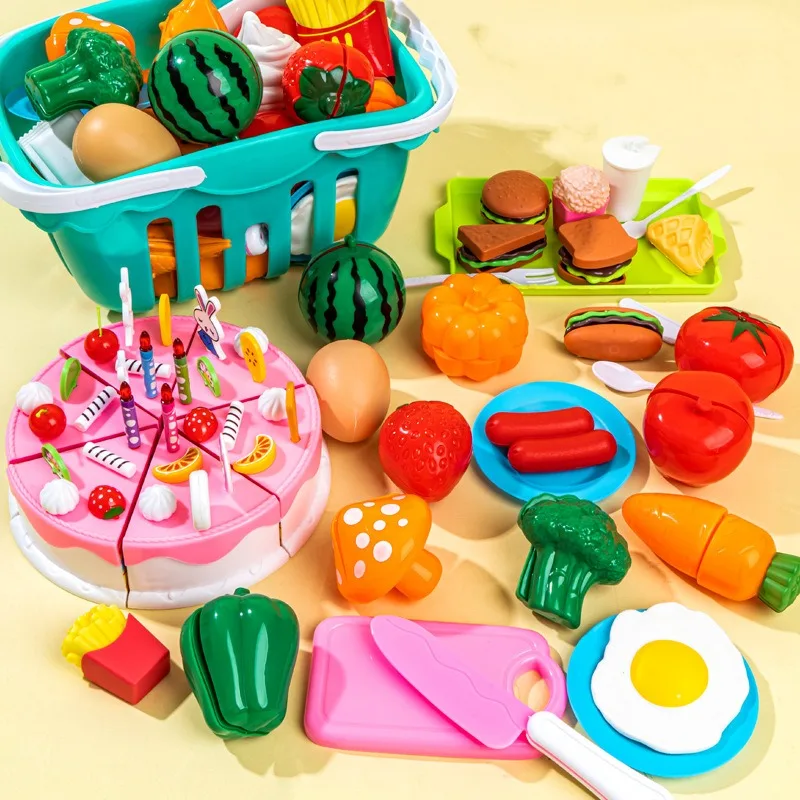 Kids Pretend Play Toys Simulation Birthday Cake Pizza Toddler Cutting Fruit Vegetable Set Early Montessori Education Puzzle Toy