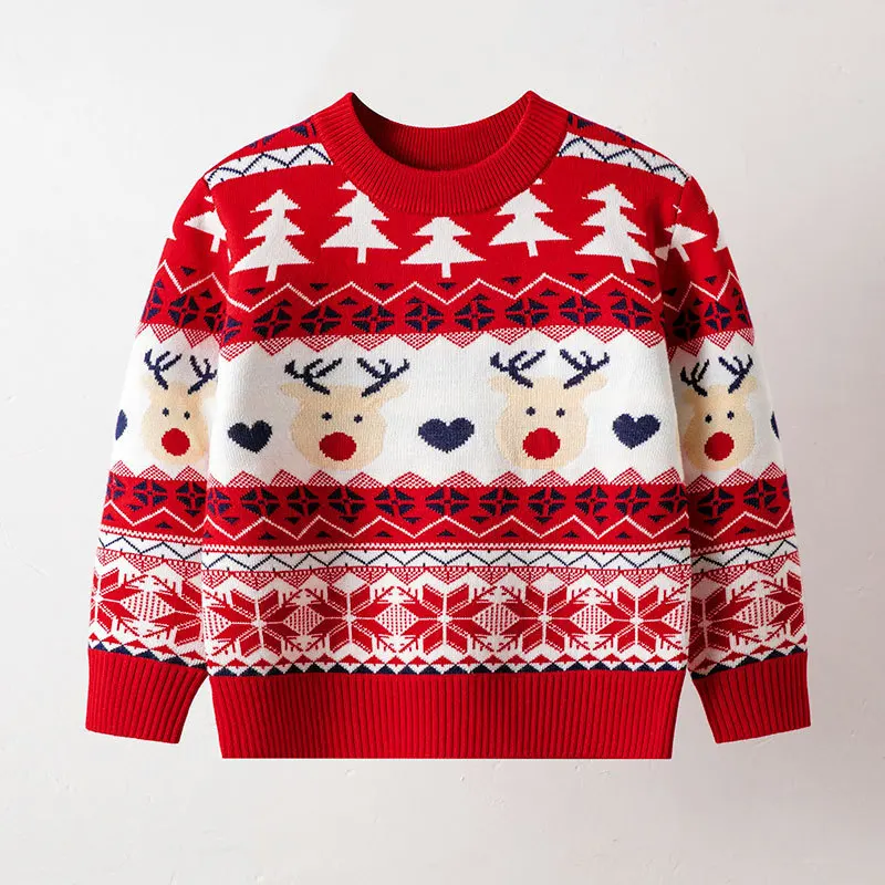 

2025 Autumn/Winter Children's Christmas Cute Cartoon Pattern Round Neck Thick Warm Knitted Sweater