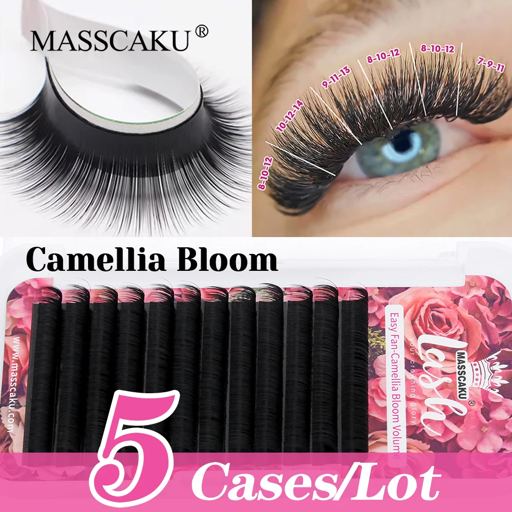 MASSCAKU 5cases/lot 8-20mm and Mix Size Matte Deep Black Camellia Blooming Lashes Natural Rapid Grafting Self Fanning Lash Trays