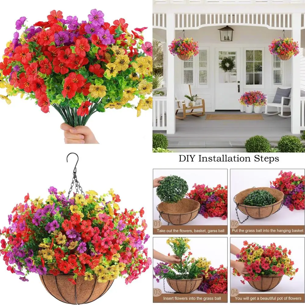 

2 Artificial Outdoor Hanging Flower Sets, 2 Planters with 24 Blooms, Ideal for Spring/Summer Porch, Garden, Patio Home Decor (Re
