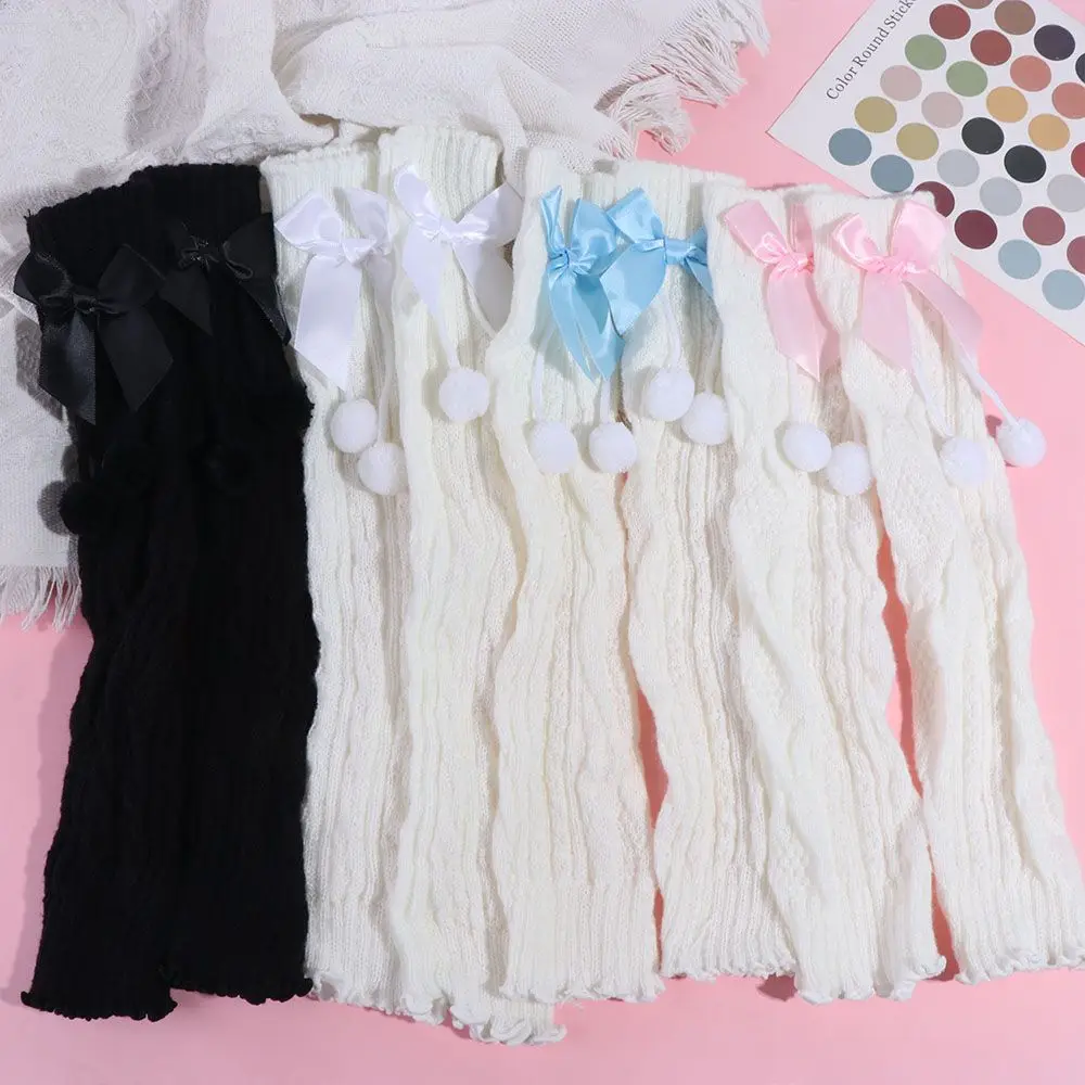 Hosiery Plush Ball Knitted Lolita Boot Cuffs Thicken Bowknot Winter Tube Stocking Foot Cover Sweet Y2K Leg Warmers Women