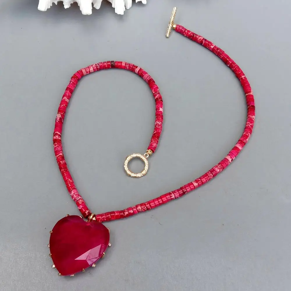 

KKGEM Red Sea Sediment Jasper Necklace 30x30mm Crystal Heart Shape Pendant Charm Choker Necklace