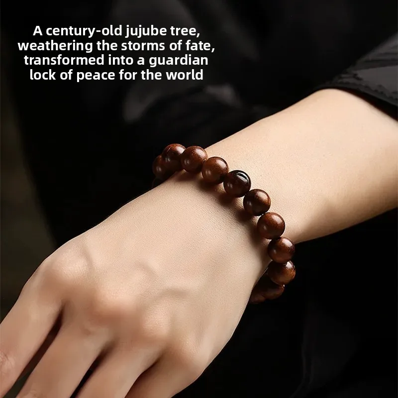 Natural Thunderstruck Jujube Wood Beaded Bracelet Chinese Fengshui Lucky Blessing Wealth Attracting Prayer Beads Unisex Handcraf