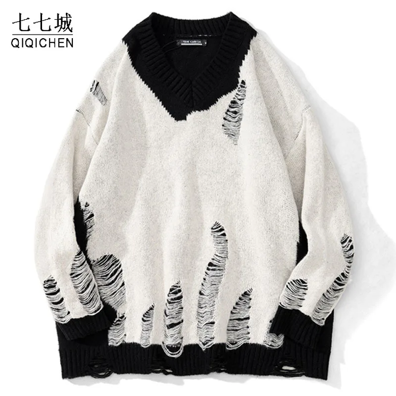 

Tattered Hole Sweater Men Women Oversized Harajuku Sweaters Hip Hop Knitted Sweaters Fashion Casual Splicing Jumper Pullover New