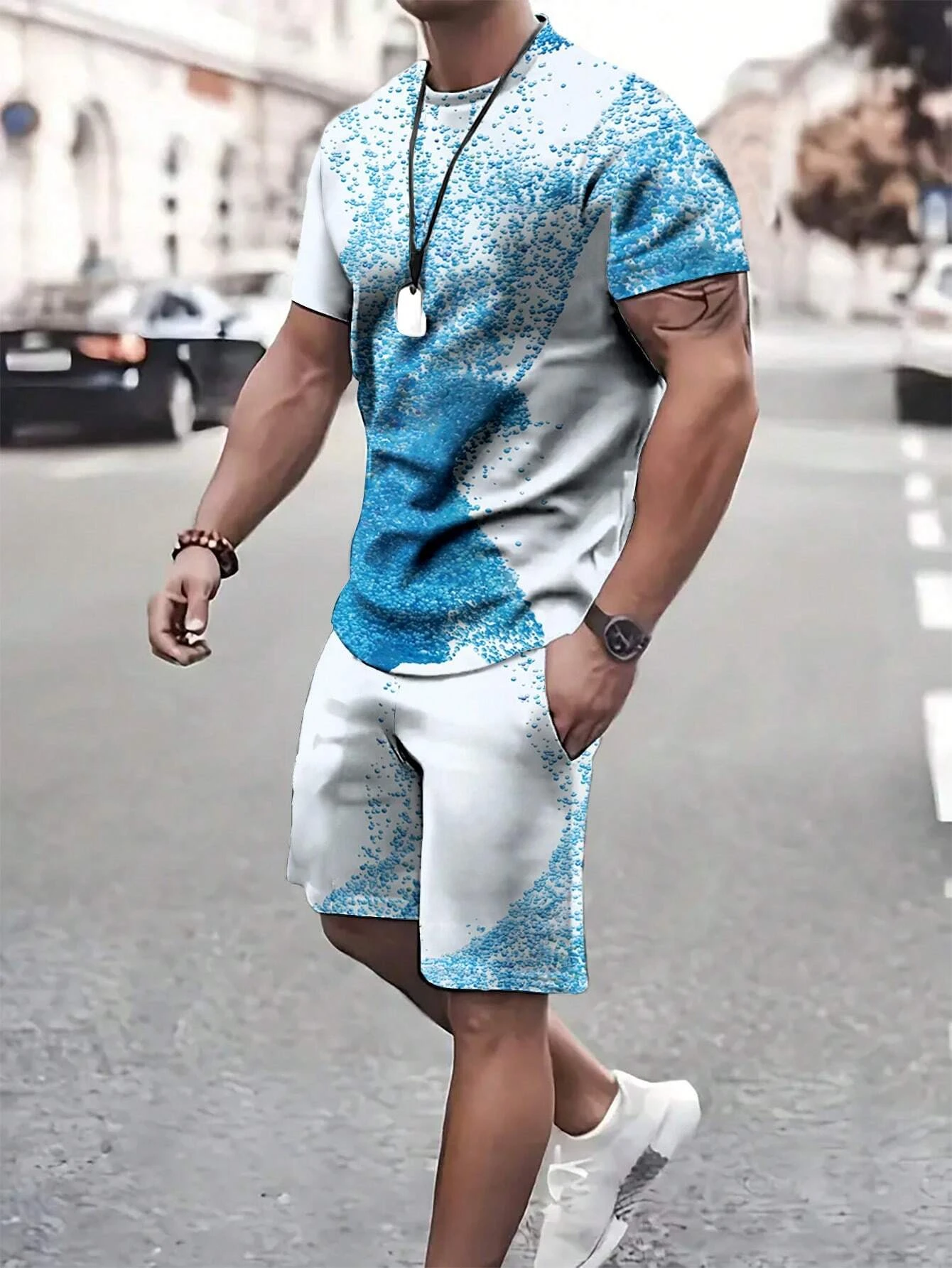 2024 Summer New Casual Men\'s Short Sleeve Set, Two Piece T-shirt+Shorts Fire Water Pattern Men\'s Street Wear, Set, S-2XL