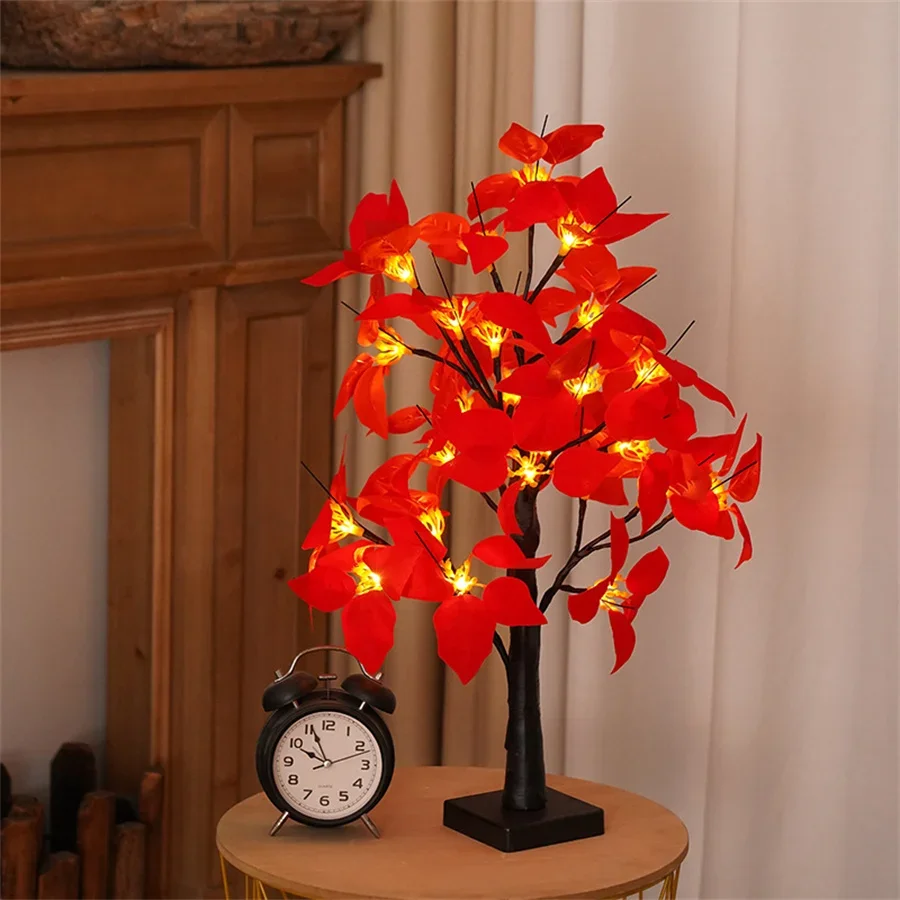 Árvore de flor de poinsétia artificial iluminada de 60cm, árvore de natal operada por bateria, árvore de poinsétia para decoração de férias