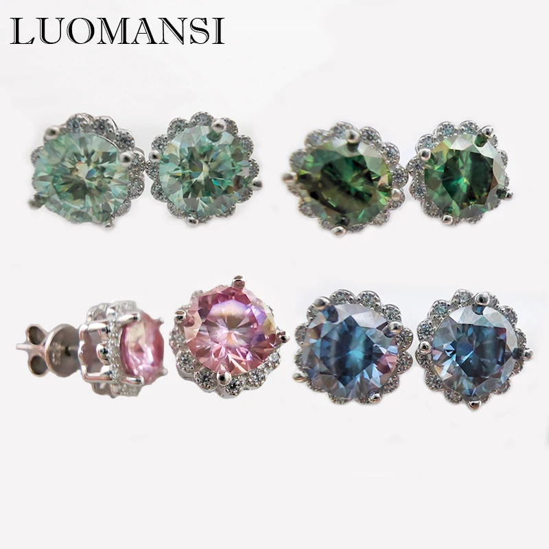 

Luomansi Green Pink Yellow Blue 1+1 Carat Moissanite Flower Stud Earrings S925 Silver Jewelry Wedding Anniversary Party Gift