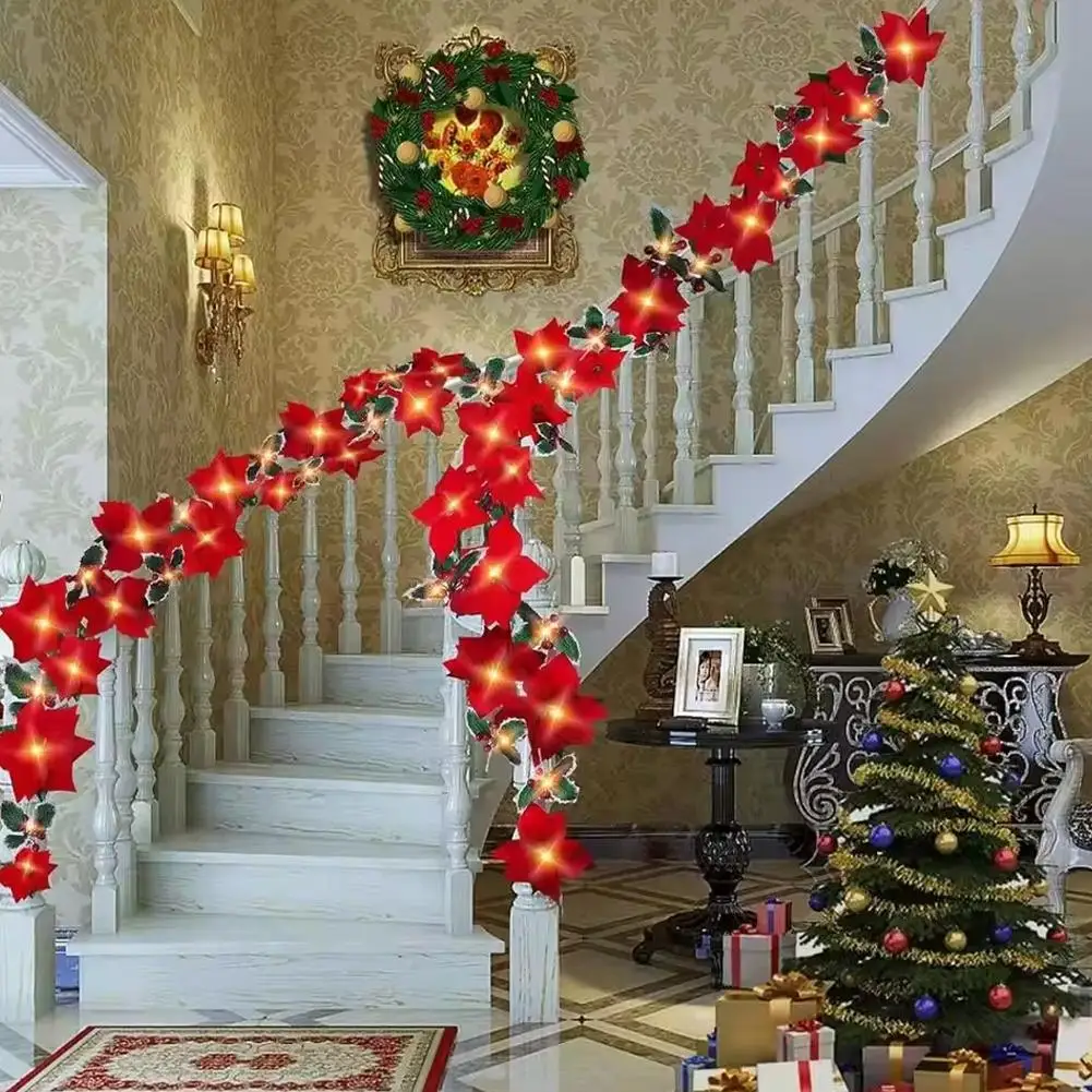 Christmas Poinsettia Garland With LED Lights Artificial Red Flower & Holly Berry For Stairs, Home, Christmas Tree Decoration