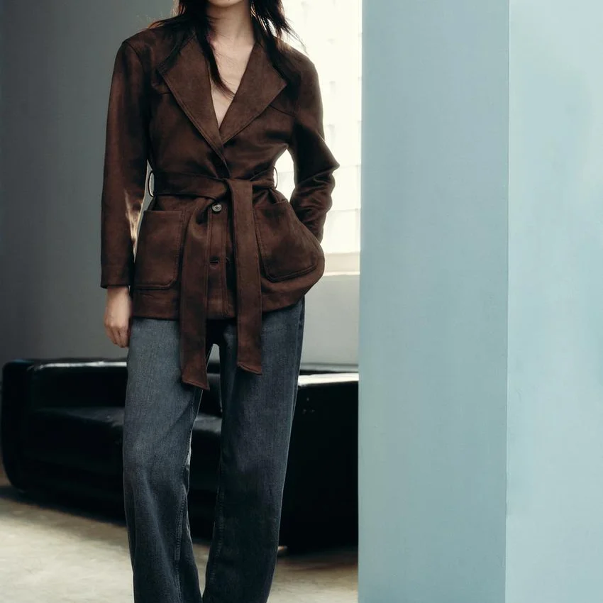 

s Series Retro Slim Fit Jaet with Belt Faux Suede Effect Women's ort Outerwear Polyester Long Sve Coat