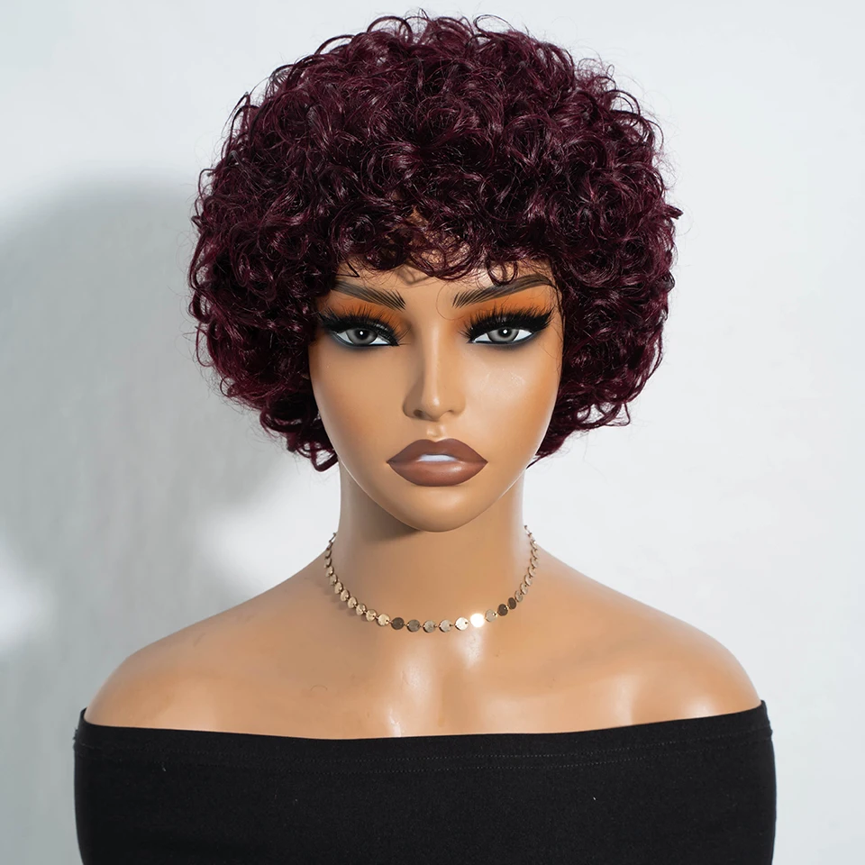 Lekker Colored Short Pixie Afro Kinky Curly Bob 100% Human Hair Wig For Women Brazilian Remy Hair Burgundy 99j Full Machine Wigs