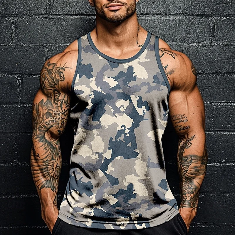 Summer Men Classic Camo Print Fitness Tank Top Gym Sports Loose Breathable Soft Sleeveless Top Fashion Simple Men's Vest Tee image 3