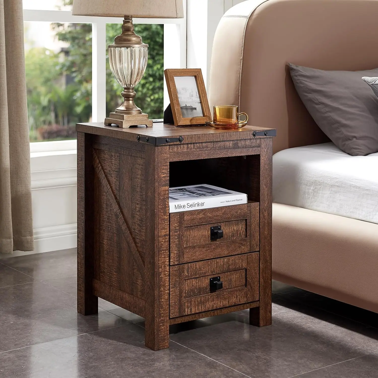 

Side Table with 2 Drawers Storage Cabinet for Bedroom, Living Room, Farmhouse Design