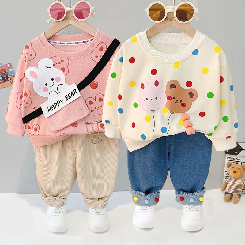 2024 New Autumn Baby Girls' Set Suitable for Toddler One Year Old Girls' Clothing Colorful Dotted Sweater+Jeans Two Piece Set