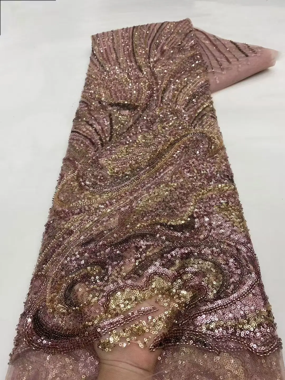 

Nigerian High-Quality Tulle Lace Fabric with Beads And Sequins luxury african fabrics 5 meters Mesh Net for Dress Making