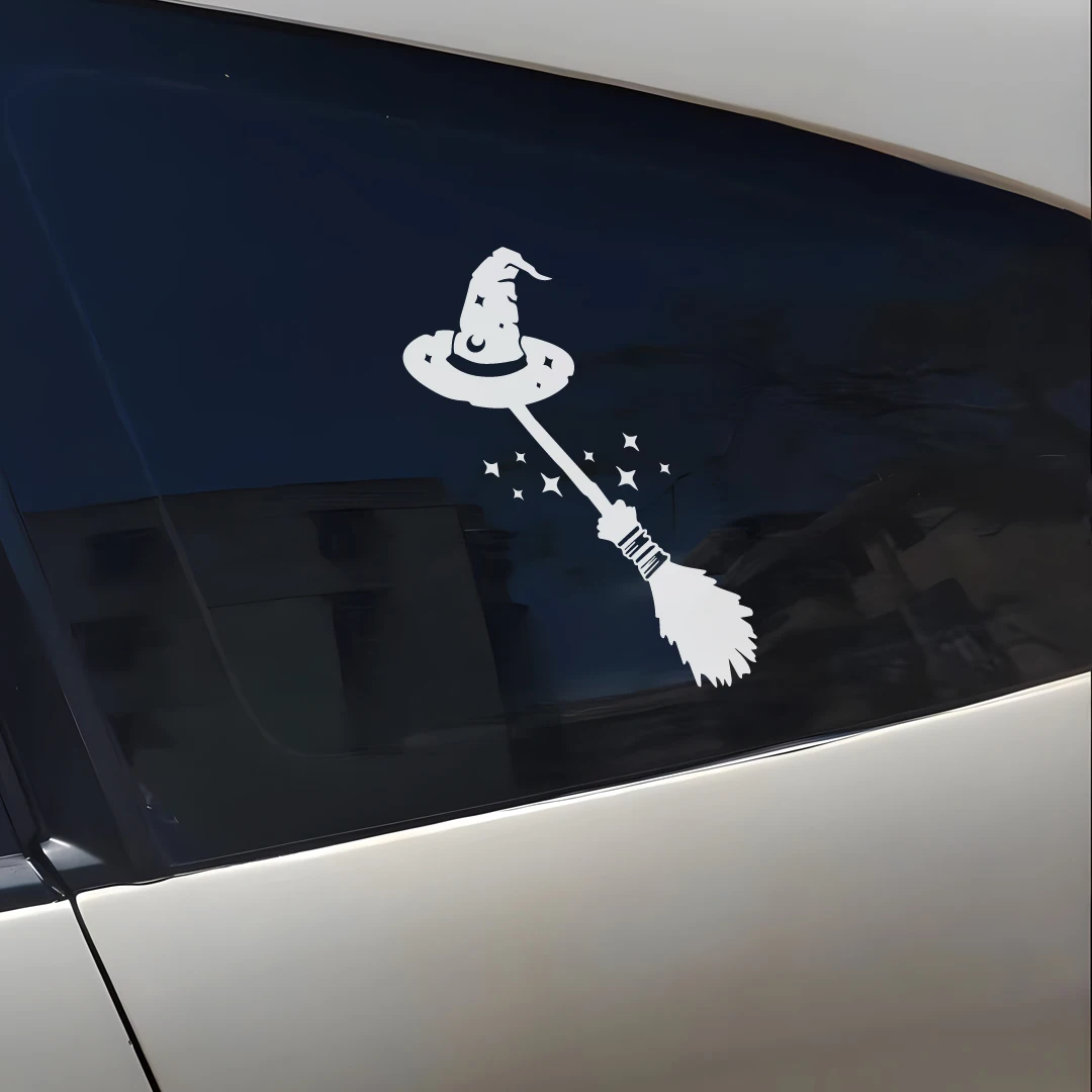 Fun magic broomstick vinyl decal car window decoration, car latte art, motorcycle personality sticker