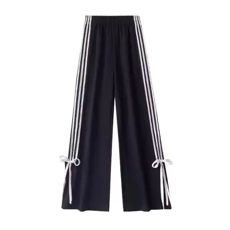 2025 Pantalones casuales japoneses: pierna ancha recta de cintura alta, detalle de lazo con cordón, pantalones de moda de anime unisex para mujer S-2XL