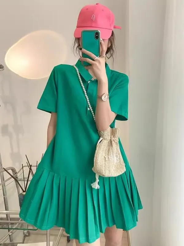 Jupe mi-longue ample à col Dr pour femmes, T-shirt ort Sve, grande taille, étudiante Faion, ligne a plissée coréenne, été