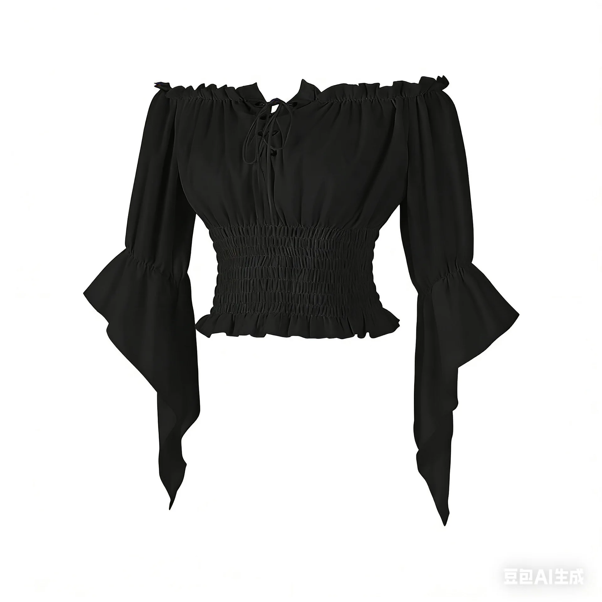 Damen Renaissance Bauernbluse, schulterfreies Hemd mit Trompetenärmeln, Steampunk Piraten-Mittelalter-Kostüm, Korsett-Oberteil, Vintage – Detail 9