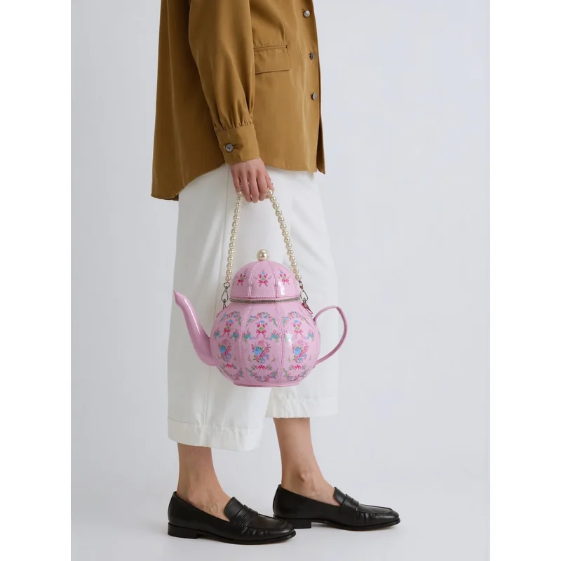 

Pink Teapot Shape Handbag with Floral Print and Pearl Chain Strap Women's Novelty Fashion Crossbody Bag