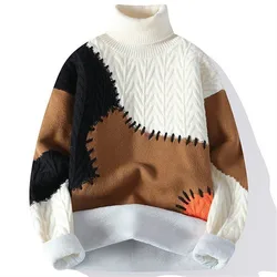 Men's Winter Fleece Knitted Pullovers Warm Turtleneck Sweater Fashion Casual Patchwork Loose Streetwear knit Turtleneck Pullover