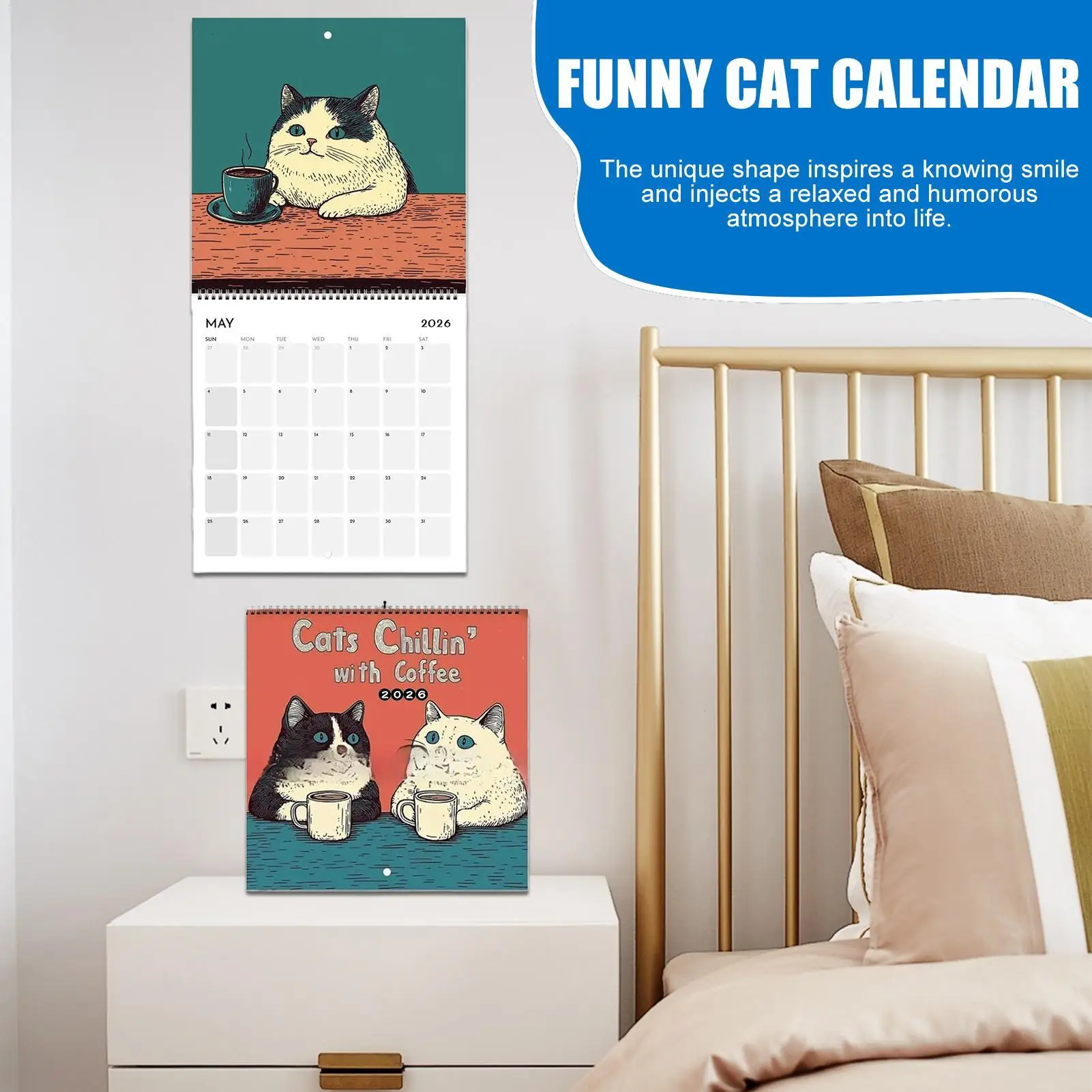 Calendario de café para beber gato divertido, planificador de pared mensual de enero a diciembre, suministros de programación para el hogar, oficina, escuela y guardería, 2026