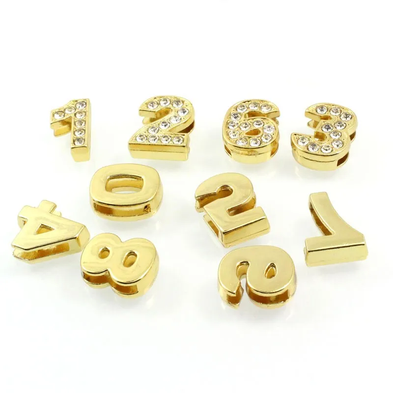 10PC/lot Hole 10MM Full Rhinestones gold plated Slide number 0 - 9 slide Charm Fit For 10mm DIY keychains Wristband Bracelet