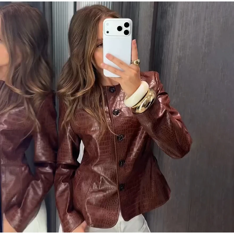 Crocodile Embossed Trench Coat Lapel Collar Button‑Front 2026 Autumn Women Vintage Outerwear Trendy Lady Casual Overcoat