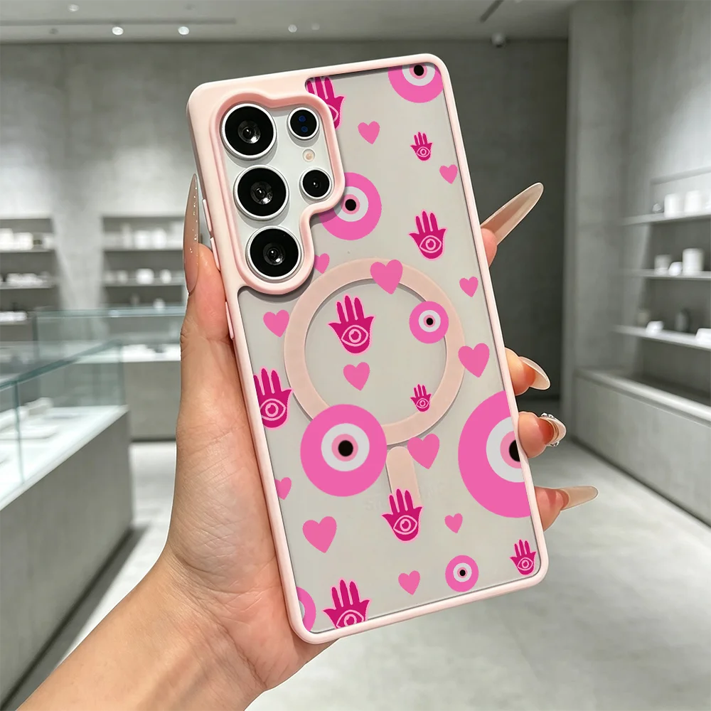 Pink Evil Eye Pattern Built-in Magnet Shockproof Clear Phone Case For Samsung Galaxy S26 S25 S24 S23 S22 Ultra FE A17 A37 A57