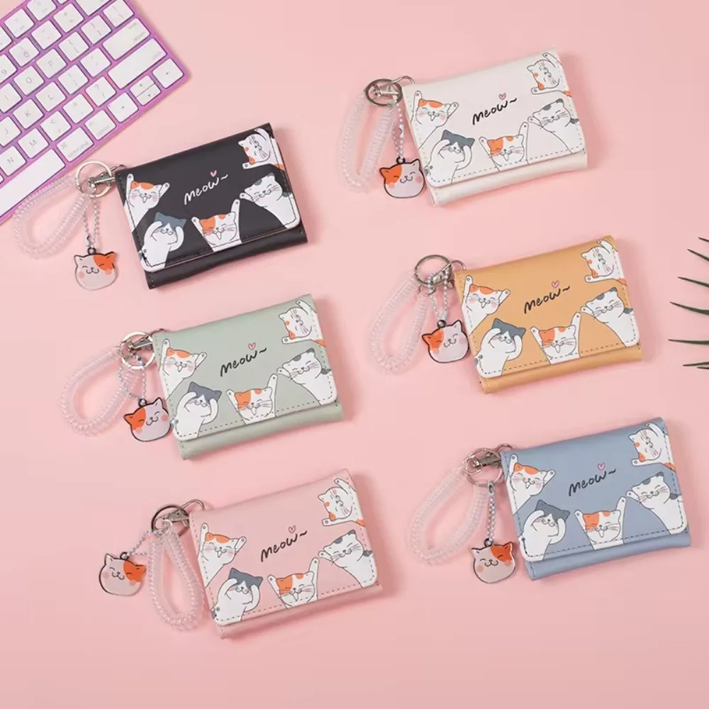 New Graffiti Cat Short Wallets PU Leather Anti Thief Money Bag Cat Pendant With Wrist Straps Card Holders Woman